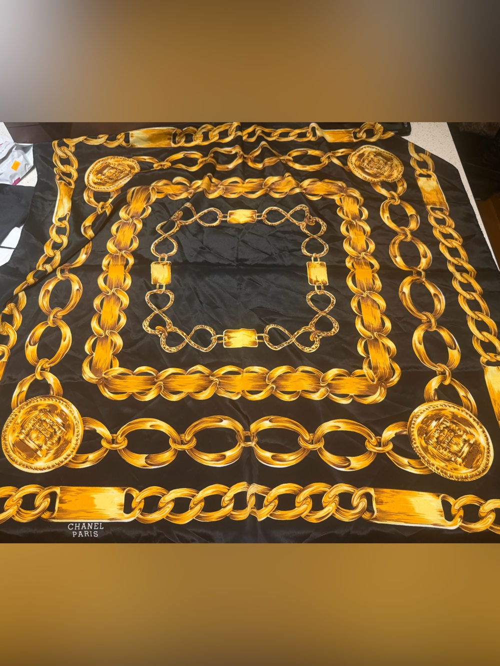 CHANEL Black and Gold Chain Motif Decorative scarf